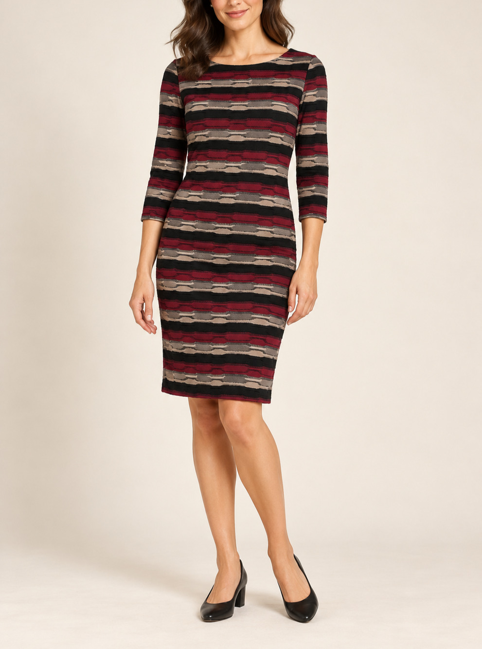 Sharagano Dress Women 8 Striped Textured Knit 3/4 Sleeve Lined Sheath